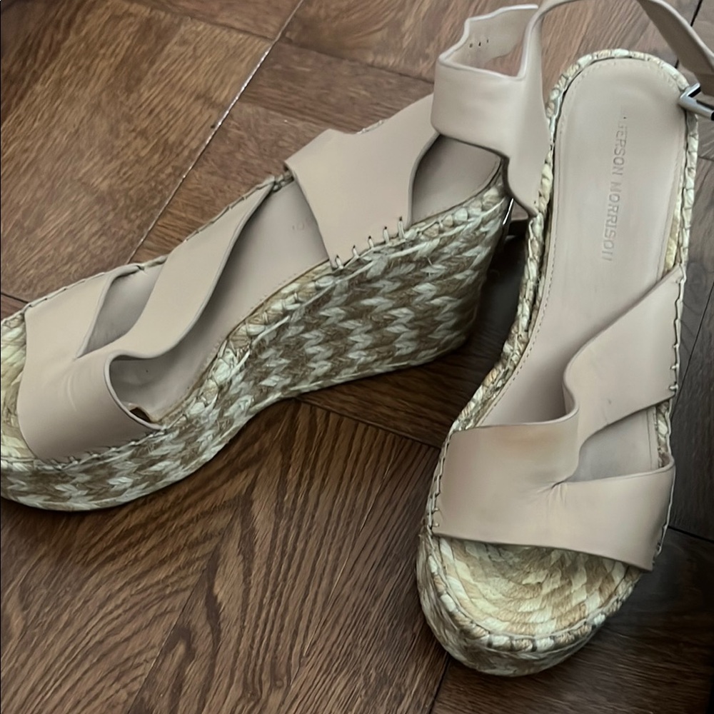 Sigerson Morrison Cream Wedge Sandals with Crisscross Straps